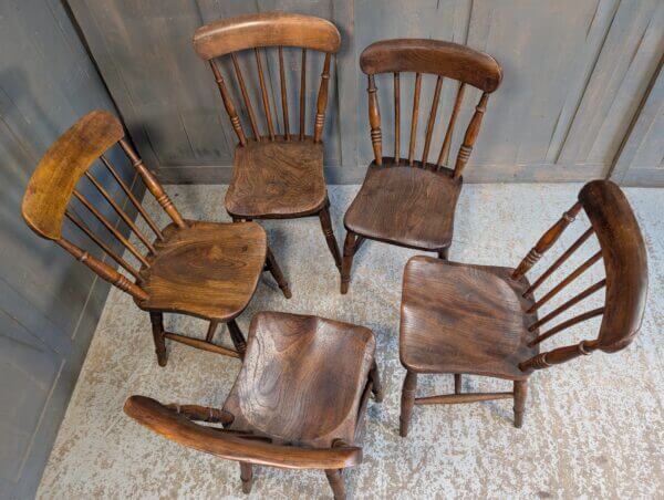 Harlequin Set of Five Victorian Kitchen Stick Back Chairs