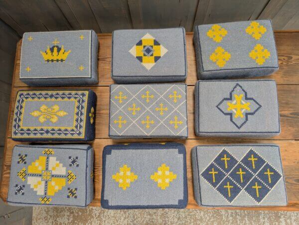 Set of 9 Embroidered Blue & Yellow Hassocks Cushions Kneelers from Midhurst Parish Church