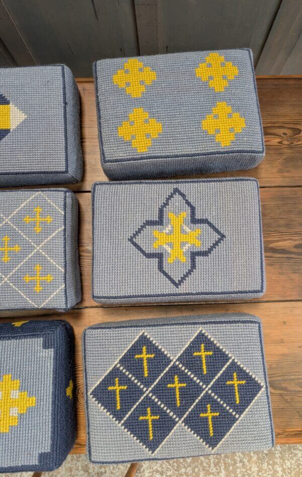 Set of 9 Embroidered Blue & Yellow Hassocks Cushions Kneelers from Midhurst Parish Church