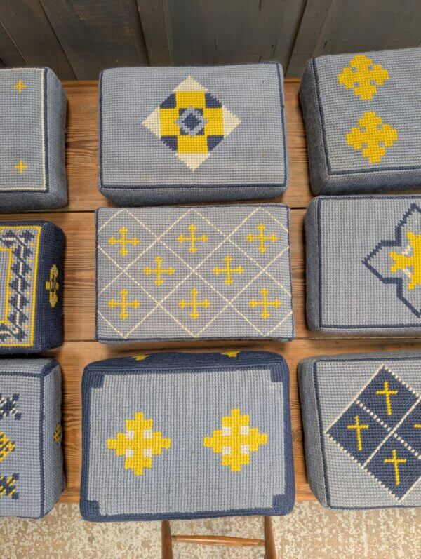 Set of 9 Embroidered Blue & Yellow Hassocks Cushions Kneelers from Midhurst Parish Church