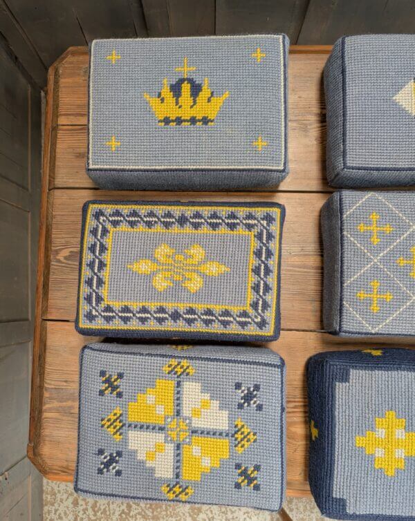 Set of 9 Embroidered Blue & Yellow Hassocks Cushions Kneelers from Midhurst Parish Church