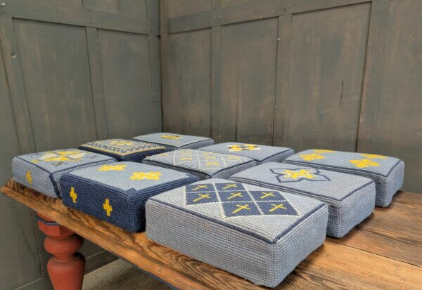 Set of 9 Embroidered Blue & Yellow Hassocks Cushions Kneelers from Midhurst Parish Church