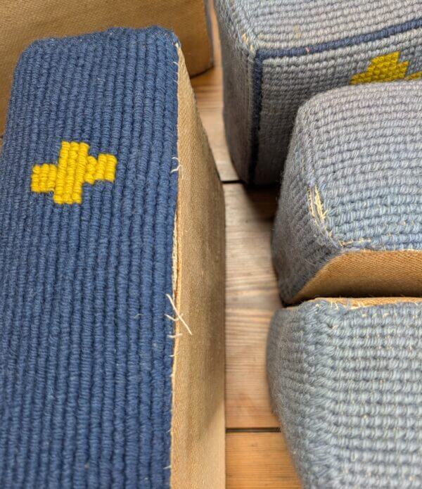Set of 9 Embroidered Blue & Yellow Hassocks Cushions Kneelers from Midhurst Parish Church