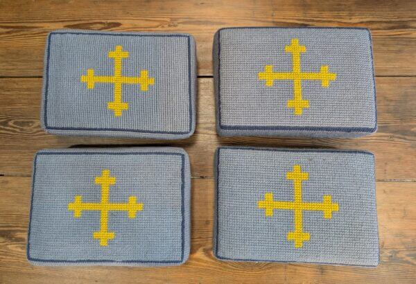Four Midhurst Blue & Yellow Kneelers Hassocks with Wooden Bases