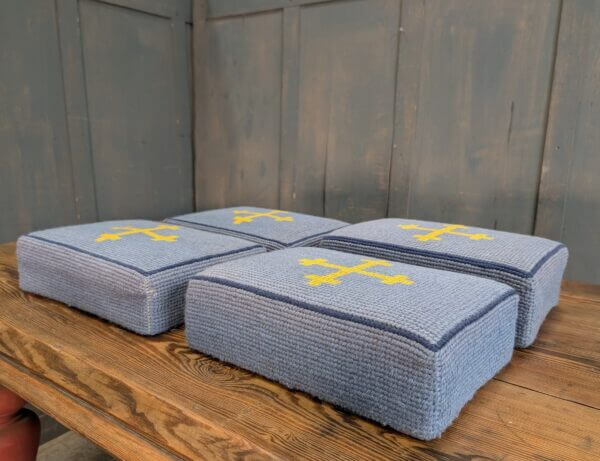 Four Midhurst Blue & Yellow Kneelers Hassocks with Wooden Bases