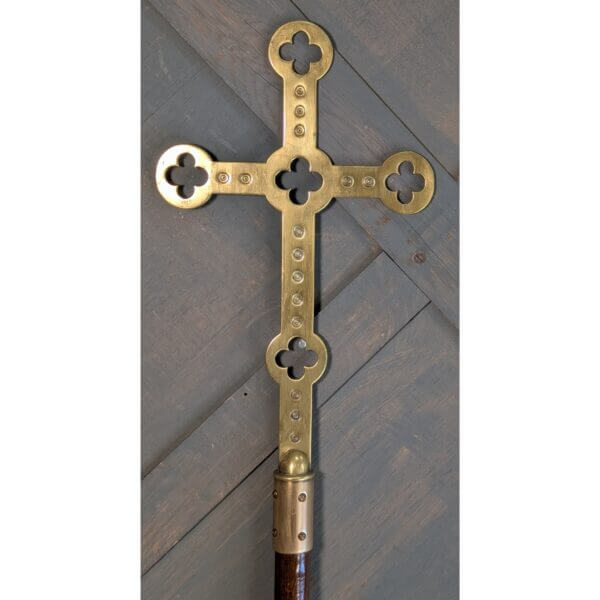 1900's Tall Gothic Brass Processional Cross on Oak Pole