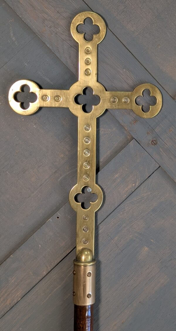 1900's Tall Gothic Brass Processional Cross on Oak Pole