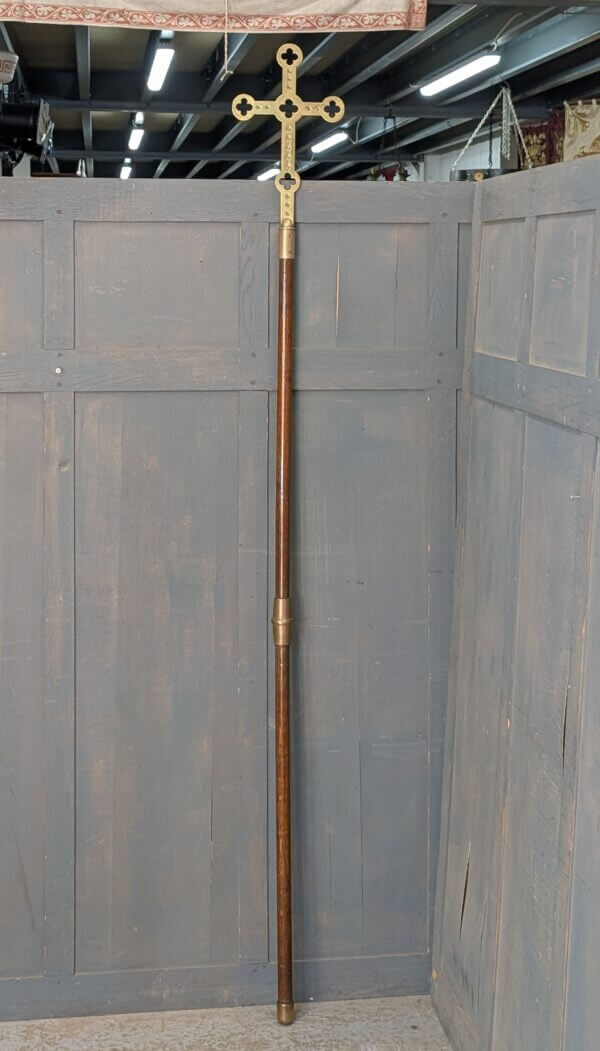 1900's Tall Gothic Brass Processional Cross on Oak Pole