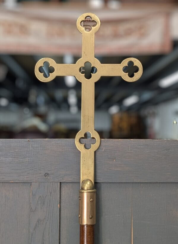 1900's Tall Gothic Brass Processional Cross on Oak Pole