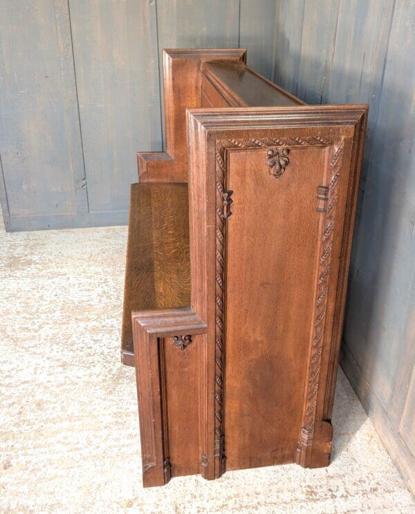 High Back 1924 Antique Heavy Carved Oak Choir Pew with Shaped Ends