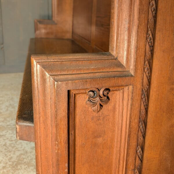 High Back 1924 Antique Heavy Carved Oak Choir Pew with Shaped Ends