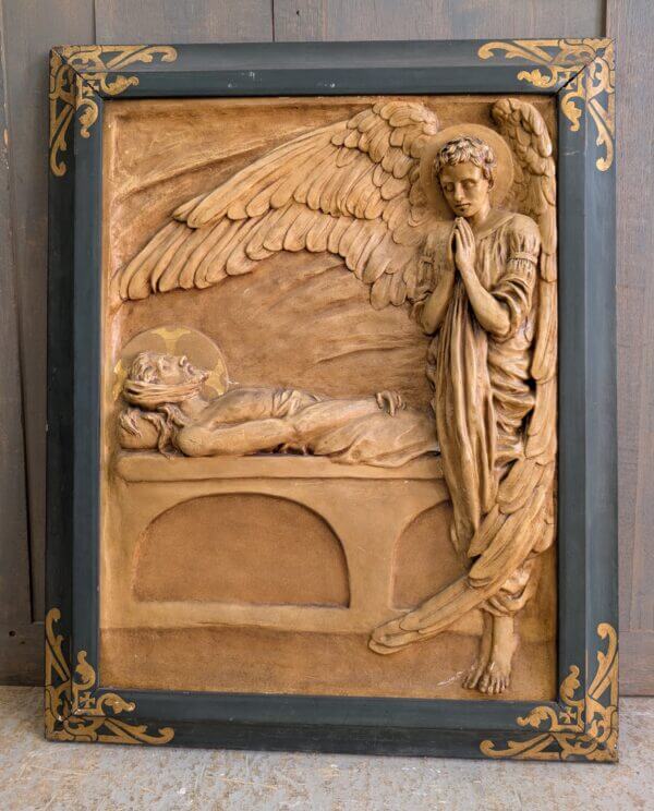 Vintage Decorative Framed Plaque of Christ in the Tomb Prayed for by an Angel