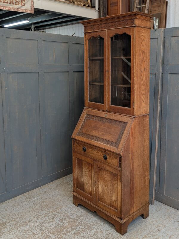 1920's Vintage Solid Oak Bookcase, Writing Desk