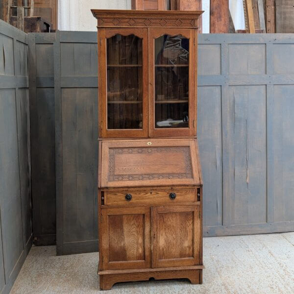 1920's Vintage Solid Oak Bookcase, Writing Desk