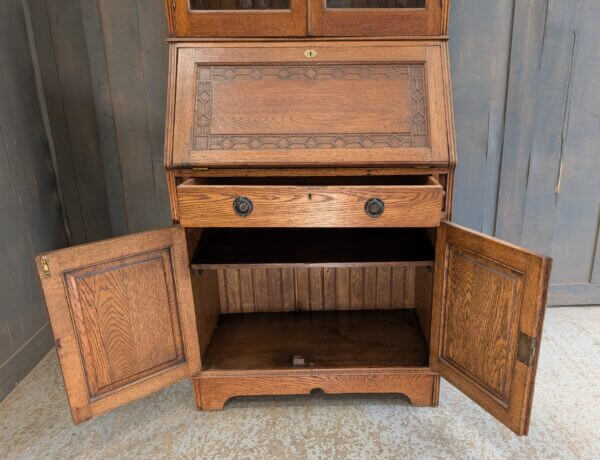 1920's Vintage Solid Oak Bookcase, Writing Desk