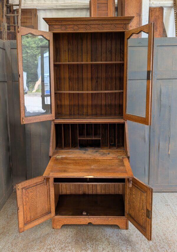 1920's Vintage Solid Oak Bookcase, Writing Desk