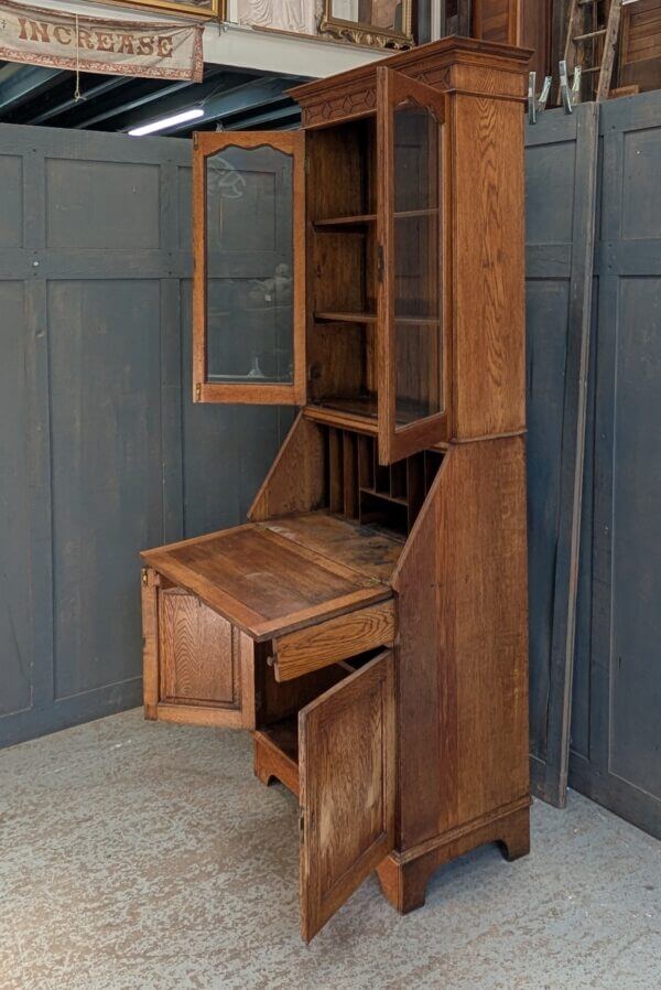 1920's Vintage Solid Oak Bookcase, Writing Desk