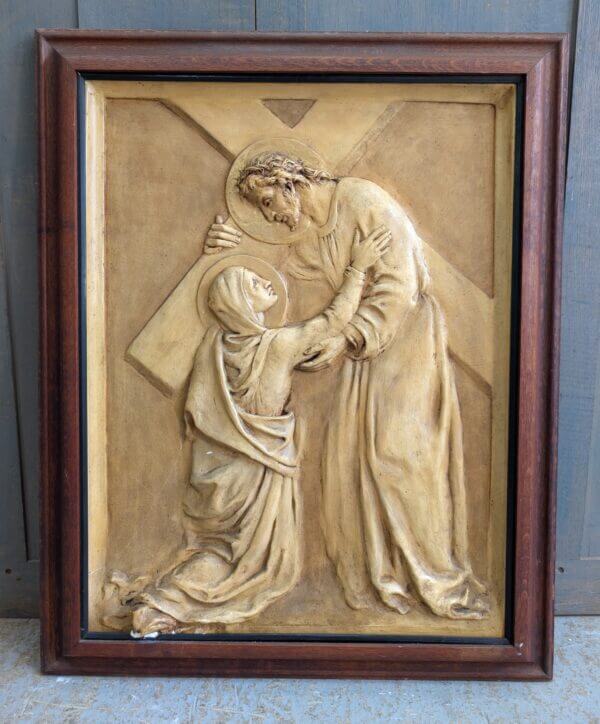 Jesus Meets His Mother Oak Framed Vintage Marbled Religious Plaque