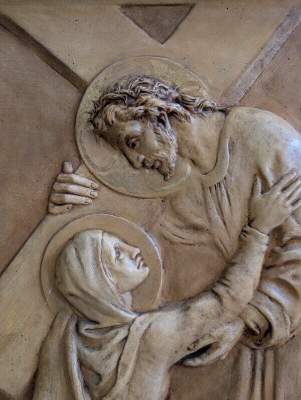 Jesus Meets His Mother Oak Framed Vintage Marbled Religious Plaque