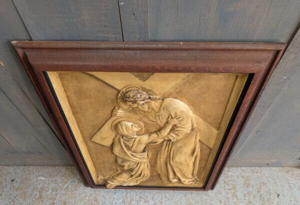 Jesus Meets His Mother Oak Framed Vintage Marbled Religious Plaque