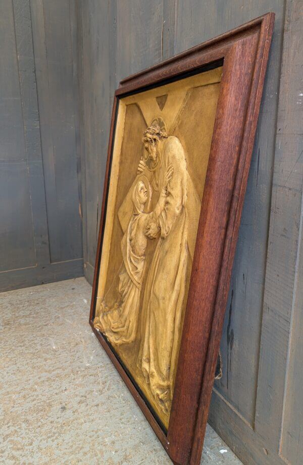 Jesus Meets His Mother Oak Framed Vintage Marbled Religious Plaque