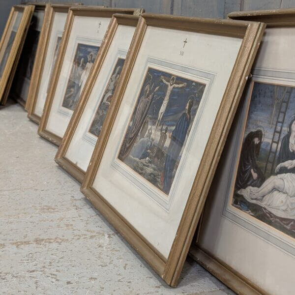 Hand Coloured Framed 1900's High Quality German Set Of Stations of the Cross