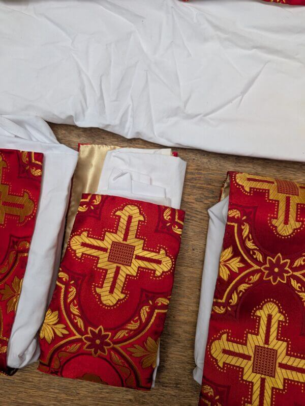 Four Broad Apparelled Amices in Brocade with Gold Crimson Crosses
