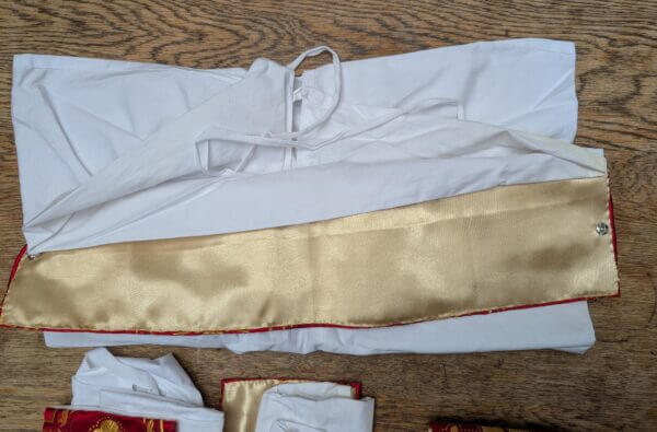 Four Broad Apparelled Amices in Brocade with Gold Crimson Crosses