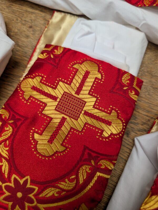 Four Broad Apparelled Amices in Brocade with Gold Crimson Crosses