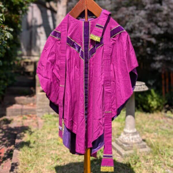 Handsome 1950's Vintage Magenta Linen Purple Velvet Chasuble with Stole