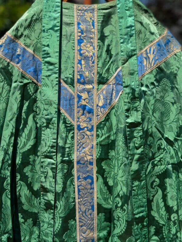 Good Looking Vintage Green Damask Silk Chasuble with Blue Gold Orphreys with Stole
