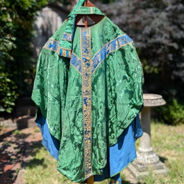 Good Looking Vintage Green Damask Silk Chasuble with Blue Gold Orphreys with Stole
