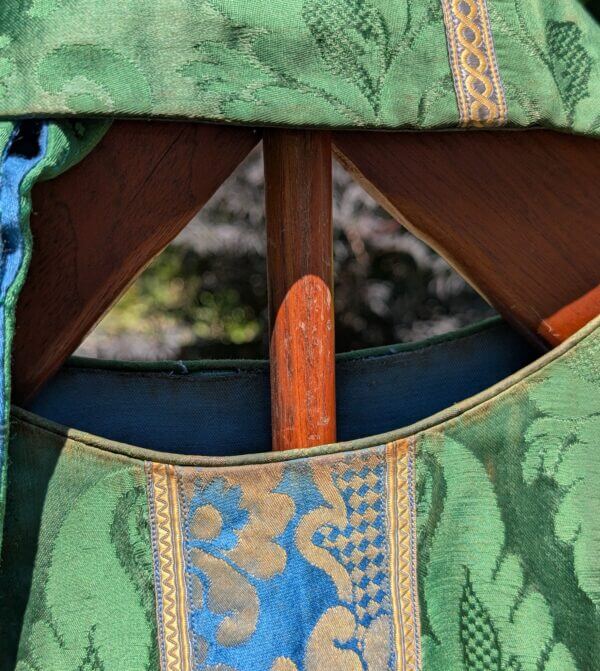 Good Looking Vintage Green Damask Silk Chasuble with Blue Gold Orphreys with Stole