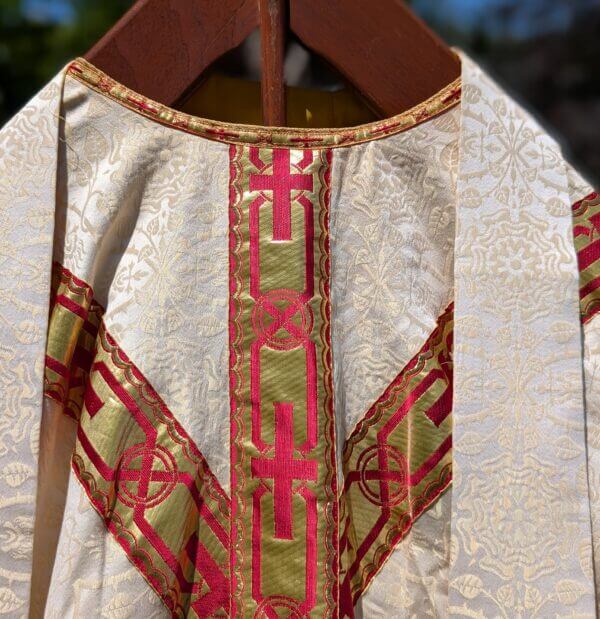 Vintage Cream Damask Silk Chasuble with Gold Red Orphreys & Stole