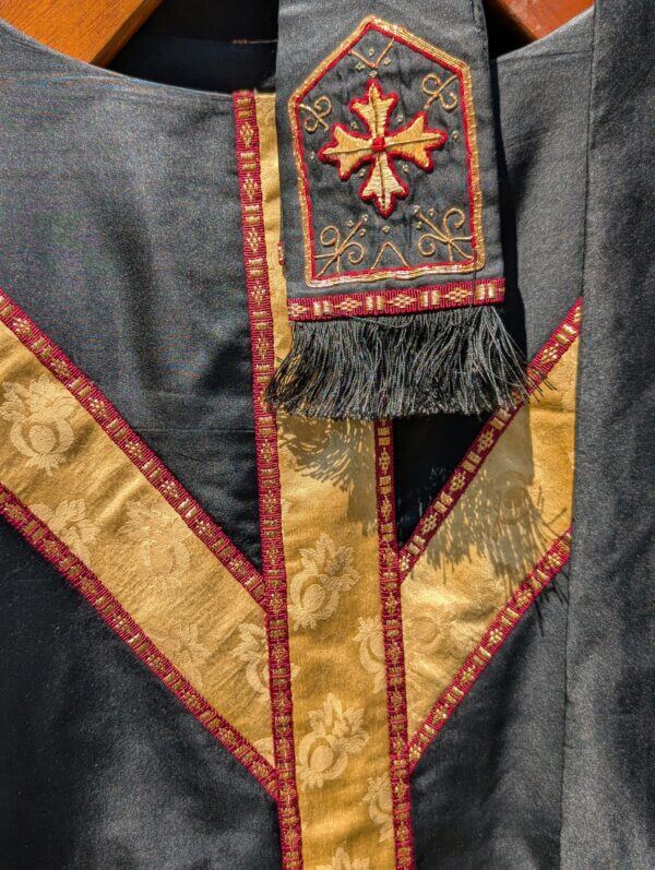Beautiful Vintage Black Silk Chasuble with Gold Orphreys & Stole