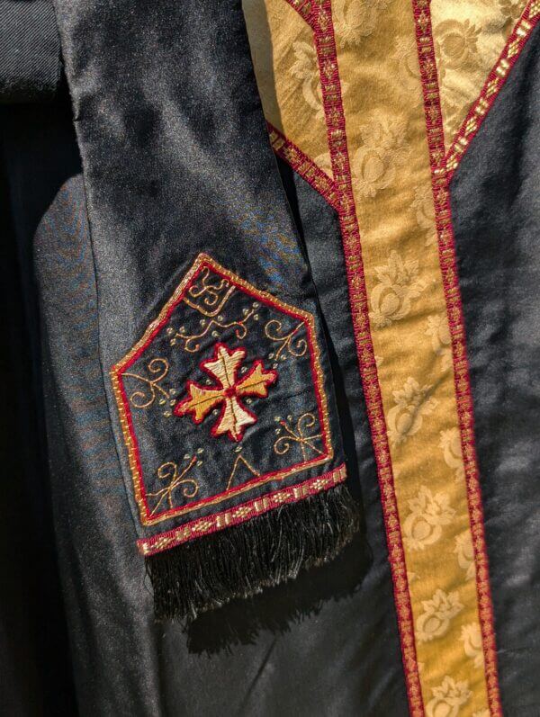Beautiful Vintage Black Silk Chasuble with Gold Orphreys & Stole