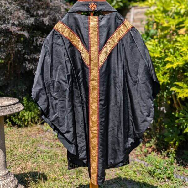 Beautiful Vintage Black Silk Chasuble with Gold Orphreys & Stole