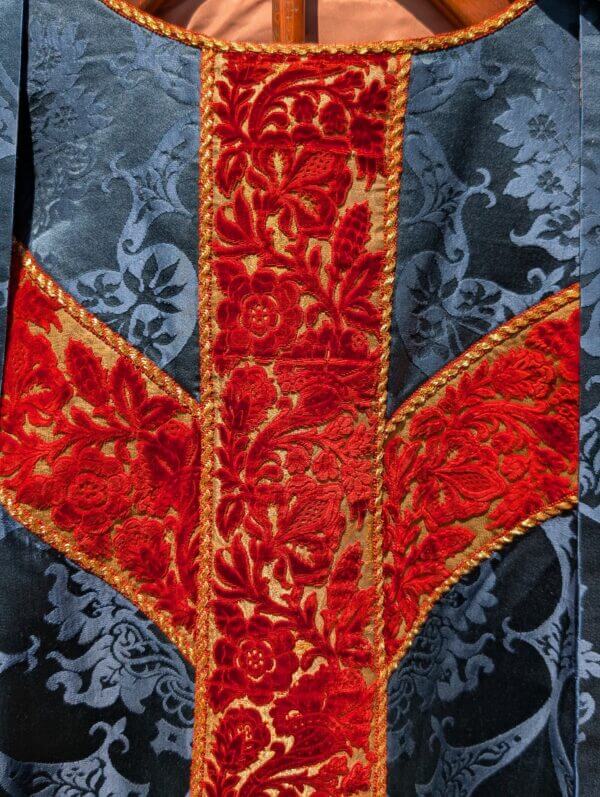 Gorgeous Vintage Deep Blue Damask Silk Chasuble with Gold Umber Orphreys