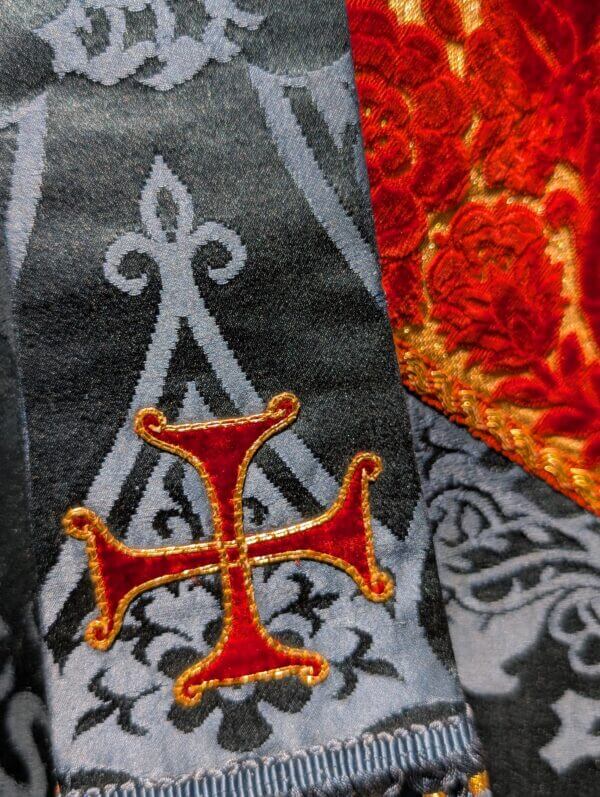 Gorgeous Vintage Deep Blue Damask Silk Chasuble with Gold Umber Orphreys