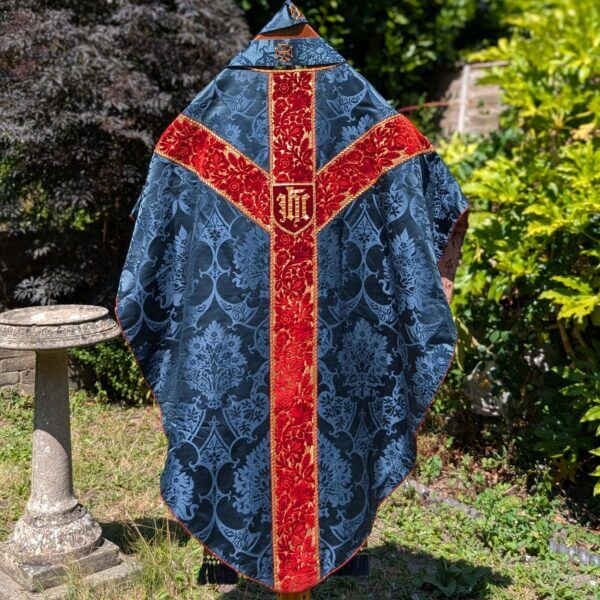 Gorgeous Vintage Deep Blue Damask Silk Chasuble with Gold Umber Orphreys