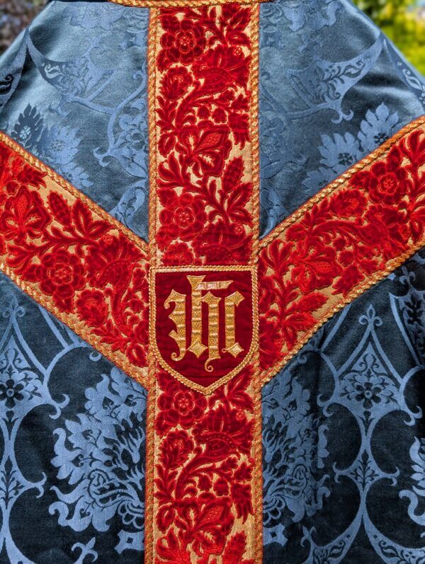Gorgeous Vintage Deep Blue Damask Silk Chasuble with Gold Umber Orphreys