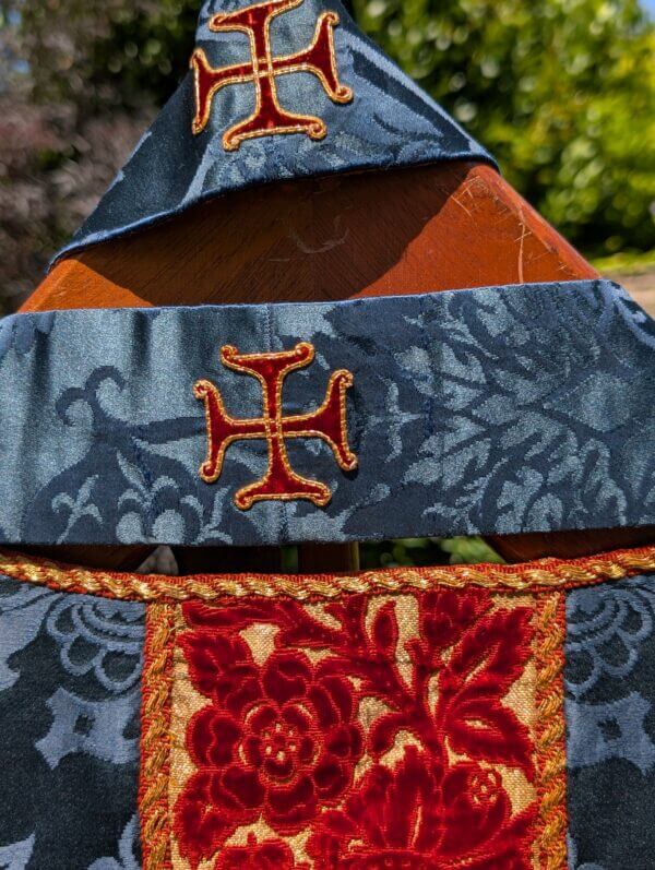 Gorgeous Vintage Deep Blue Damask Silk Chasuble with Gold Umber Orphreys