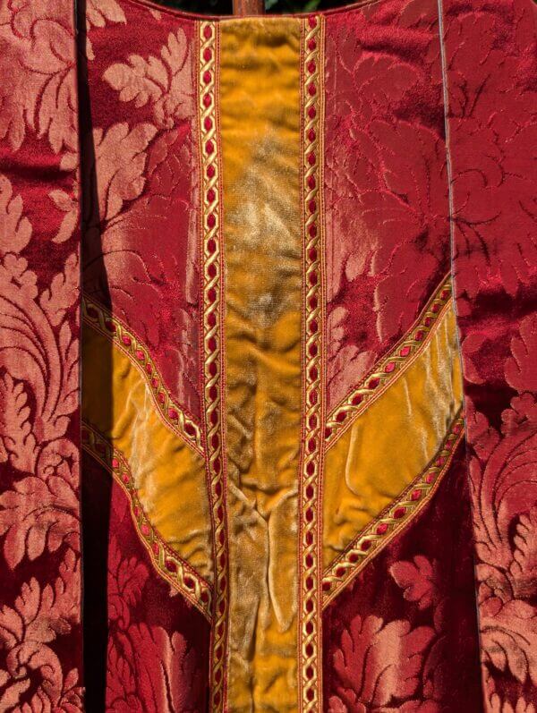 Bold Vintage Deep Crimson Larger Chasuble with Rich Yellow Velvet Orphreys with Stole
