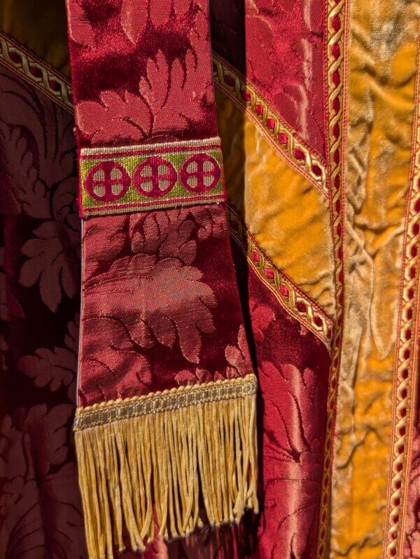 Bold Vintage Deep Crimson Larger Chasuble with Rich Yellow Velvet Orphreys with Stole
