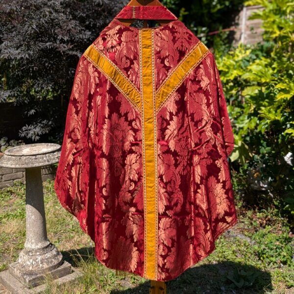 Bold Vintage Deep Crimson Larger Chasuble with Rich Yellow Velvet Orphreys with Stole