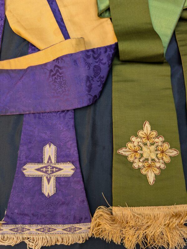 Two Stoles Embroidered Green Silk Purple Damask & Maniple