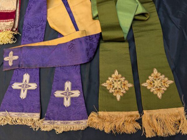 Two Stoles Embroidered Green Silk Purple Damask & Maniple