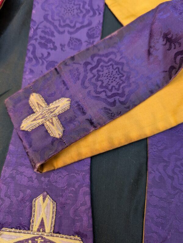 Two Stoles Embroidered Green Silk Purple Damask & Maniple