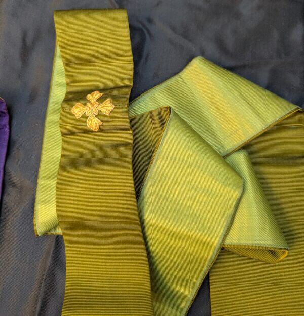 Two Stoles Embroidered Green Silk Purple Damask & Maniple