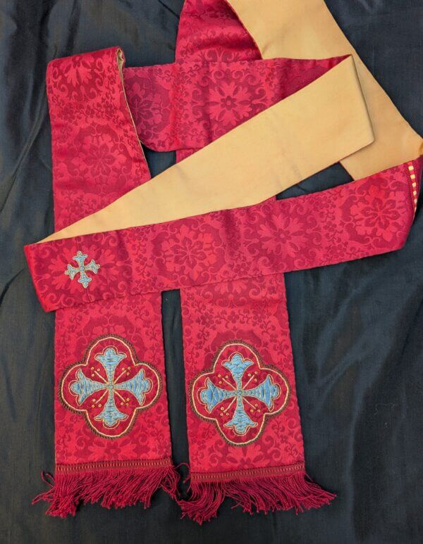 Lovely Embroidered Vintage Red Damask Stole with Blue Crosses